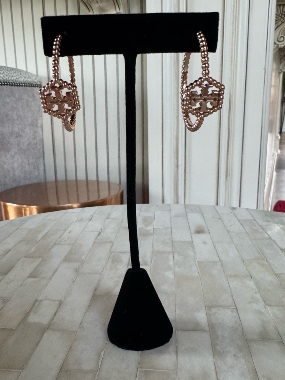 Tory Burch Rose Gold Logo Hoop Earrings